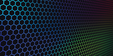 Abstract dark hexagon pattern on green and blue neon light background technology style. Modern futuristic geometric shape web banner design.