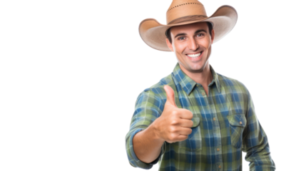 The male farmer thumbs up and smiles happily