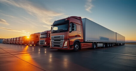 Several trucks parked on a resting area gas station.