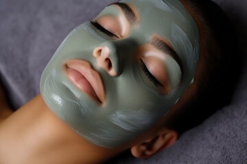 Serene Woman Wearing Facial Mask Enjoys Spa Session With Closed Eyes. Сoncept Relaxing Spa Session, Self-Care, Facial Mask, Serenity, Spa Experience