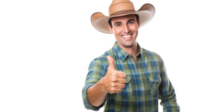 The male farmer thumbs up and smiles happily