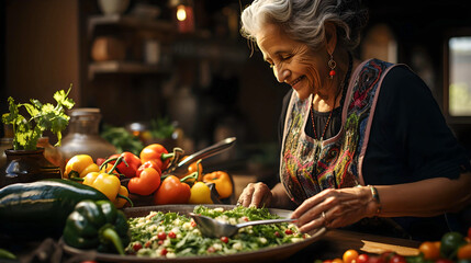 
elderly woman from Nicaragua preparing typical local dish with food from her own garden, Central American culture