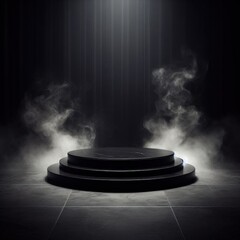 Empty black marble table podium with black stone floor in dark room with smoke.