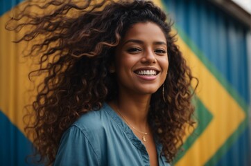 Portrait of young happy beautiful caucasian woman with curly hair in casual clothes standing somewhere on street, People lifestyle concept.