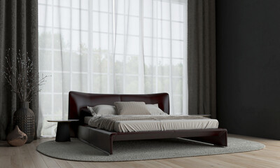 Home interior, modern bedroom interior, furniture mock up, black bed decor mock up, 3d render.