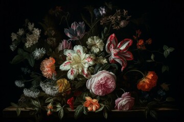 An artwork showing a cluster of blossoms on a dark backdrop featuring flowers and foliage at the focal point. Generative AI