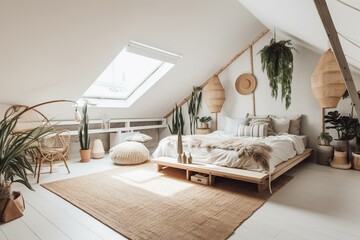 Attic bedroom with tropical white decor in scandi-boho style. Generative AI