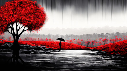 Rainy landscape in black, white and red. Winter time. AI generated