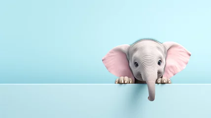 Zelfklevend Fotobehang Funny minimalist background with a peeking elephant. AI generated © Alicina
