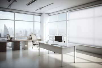 Naklejka na ściany i meble Contemporary office with blank banner, furniture, city view, daylight. Generative AI