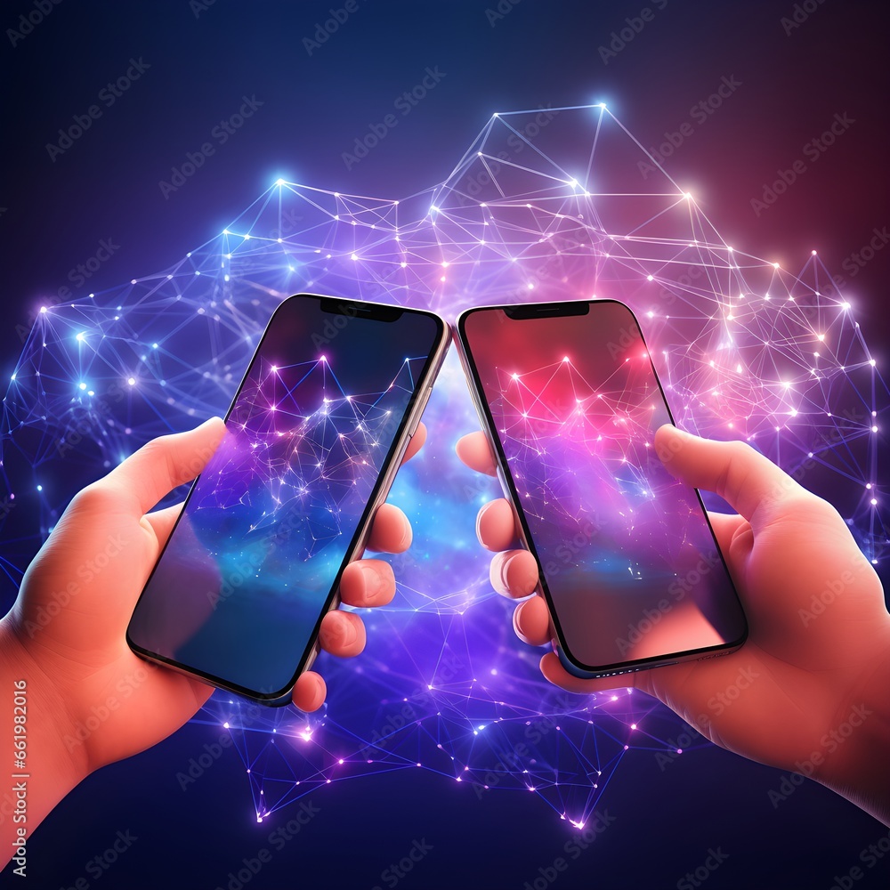 Poster two smart phone sharing data with hi-tech background .