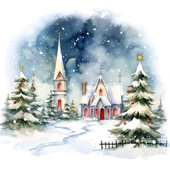 Christmas theme of village ,snow winter water color style .