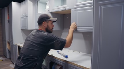 A man working on a cabinet in a kitchen - obrazy, fototapety, plakaty