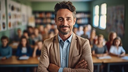 Obraz premium Smiling man teacher in a class at elementary school with learning students on background.