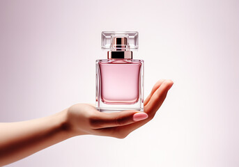 Female hand holds an elegant light pink perfume bottle. AI generated