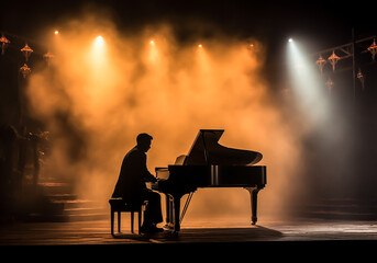 Dramatic environment with smoke and fog with piano silhouette on a stage. Music time. AI generated