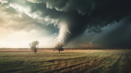 Naklejka na ściany i meble A tornado forming over an open field.