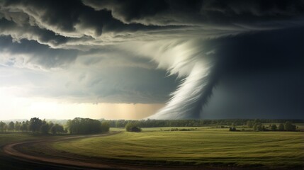 A tornado forming over an open field.
