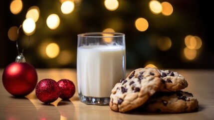 Glass of milk and cookies on wooden table with christmas lights background. Christmas Concept With...