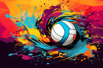 Colorful abstract image of the sport of volleyball in the style of graffiti. Illustration of the sports competitions of the Summer Olympic Games. Volleyball balls in multicolored splashes. - obrazy, fototapety, plakaty