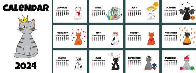 Wall calendar for 2024 with cute flat style cats. Different cats for each month. Set of 12 pages. Vector illustration - obrazy, fototapety, plakaty