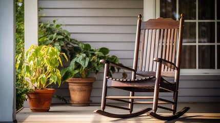 A traditional wooden rocking chair on a classic front porch.