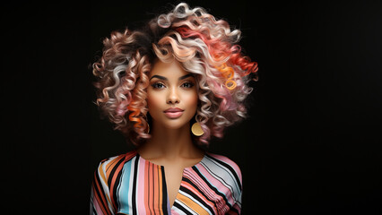 Fototapeta premium Hübsche Frau mit pink gefärbten und gelockten Haar mit modernster Frisur und edlen Visagistik Make up als Poster Nahaufnahme Querformat, ai generativ