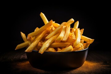 French fries on a black background. Generative AI - obrazy, fototapety, plakaty