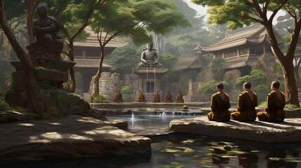 A tranquil temple courtyard with monks in deep contemplation. - obrazy, fototapety, plakaty
