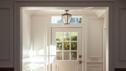 A transom window above a door, allowing extra light into the hallway. - obrazy, fototapety, plakaty