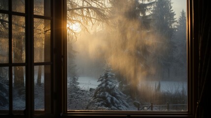 A triple-glazed window fogged up during a winter morning. - obrazy, fototapety, plakaty