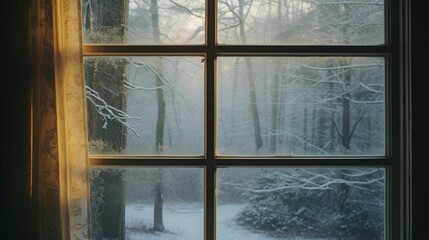 A triple-glazed window fogged up during a winter morning.