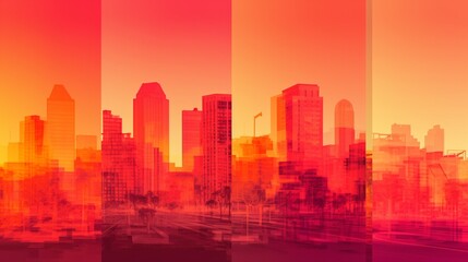 Fototapeta na wymiar A triptych of thermal images showcasing the rise in temperatures within a city during the daytime, highlighting the consequences of urban heat.