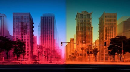 A triptych of thermal images showcasing the rise in temperatures within a city during the daytime,...