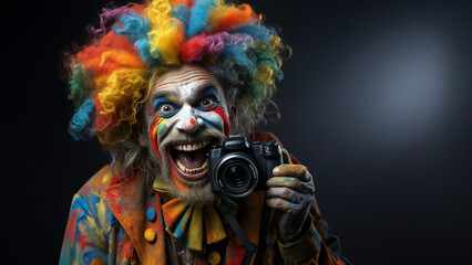 Clown Pennywise als Fotograf mit Kamera lacht frech und witzig im Querformat für Banner, ai generativ - obrazy, fototapety, plakaty