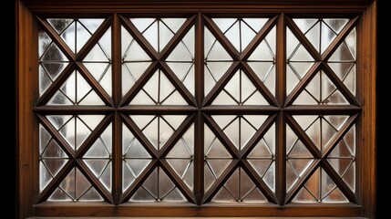A Tudor-style window with diamond-shaped panes, in a wooden frame.