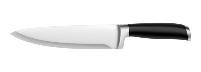 A large Chef's knife with a black handle isolated on a white background. Knife with steel a wide sharp blade. Top view. Kitchenware. Realistic 3D vector illustration. Mock up.