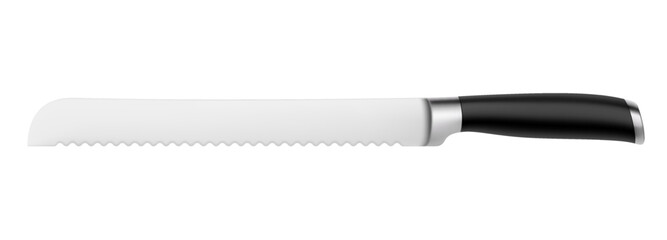 Chef's kitchen knife with a black handle isolated on a white background. 3d render of bread knife or professional kitchen utensils. Realistic vector illustration. Mock up. - obrazy, fototapety, plakaty