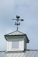 Weather vane in the shape of a rooster on the roof against the blue sky