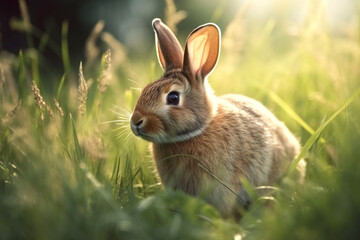 Fototapeta premium Hellbraunes Kaninchen im sonnigen Gras, Hase, Generative AI, KI