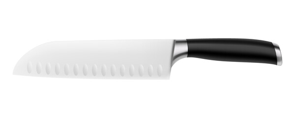 A large Chef's knife with a black handle isolated on a white background. Knife with steel a wide sharp blade. Top view. Kitchenware. Realistic 3D vector illustration. Mock up.