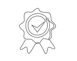 Award badge continuous line art drawn. Approval check sign. Certificate contour line. Vector illustration isolated on white.