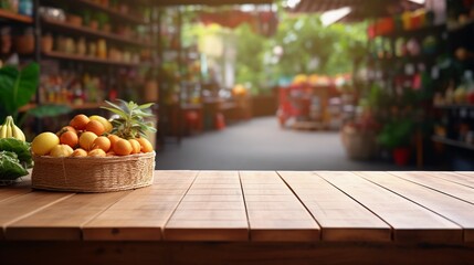Wooden table in a grocery store, product presentation in a supermarket, healthy shopping - obrazy, fototapety, plakaty