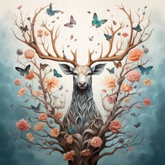 Minimalist a deer with branches surrounded by birds Ai generated art