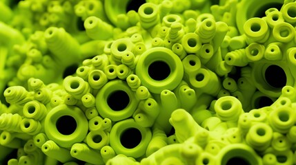 Tubular polymer structure with chaotically arranged holes. Green plastic surface texture. Illustration for cover, card, postcard, interior design, banner, poster, brochure or presentation. - obrazy, fototapety, plakaty