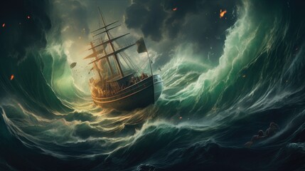 A large masted ship fights huge storm waves in the ocean or sea. A historical story with a maritime theme. Illustration for cover, card, postcard, interior design, decor or print. - obrazy, fototapety, plakaty