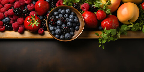 Group of fruits, blueberry, strawberries, apples and raspberries on wooden table
