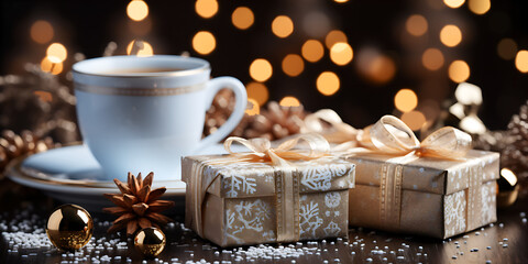 Fototapeta na wymiar Gifts next to mug with hot chocolate, blurred background
