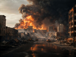 Representing a destroyed city in a fire storm, The City's Fiery Desolation.