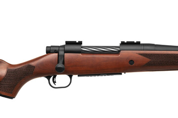 A modern bolt-action carbine with a wooden stock. Weapons for sport, hunting and self-defense. Isolate on a white back